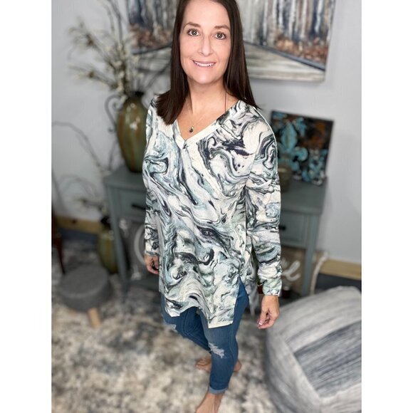 Floaty V Neck Textured Jacquard Marble Print Boxy Long Sleeve Ice Blue 3222 - Picture 13 of 14